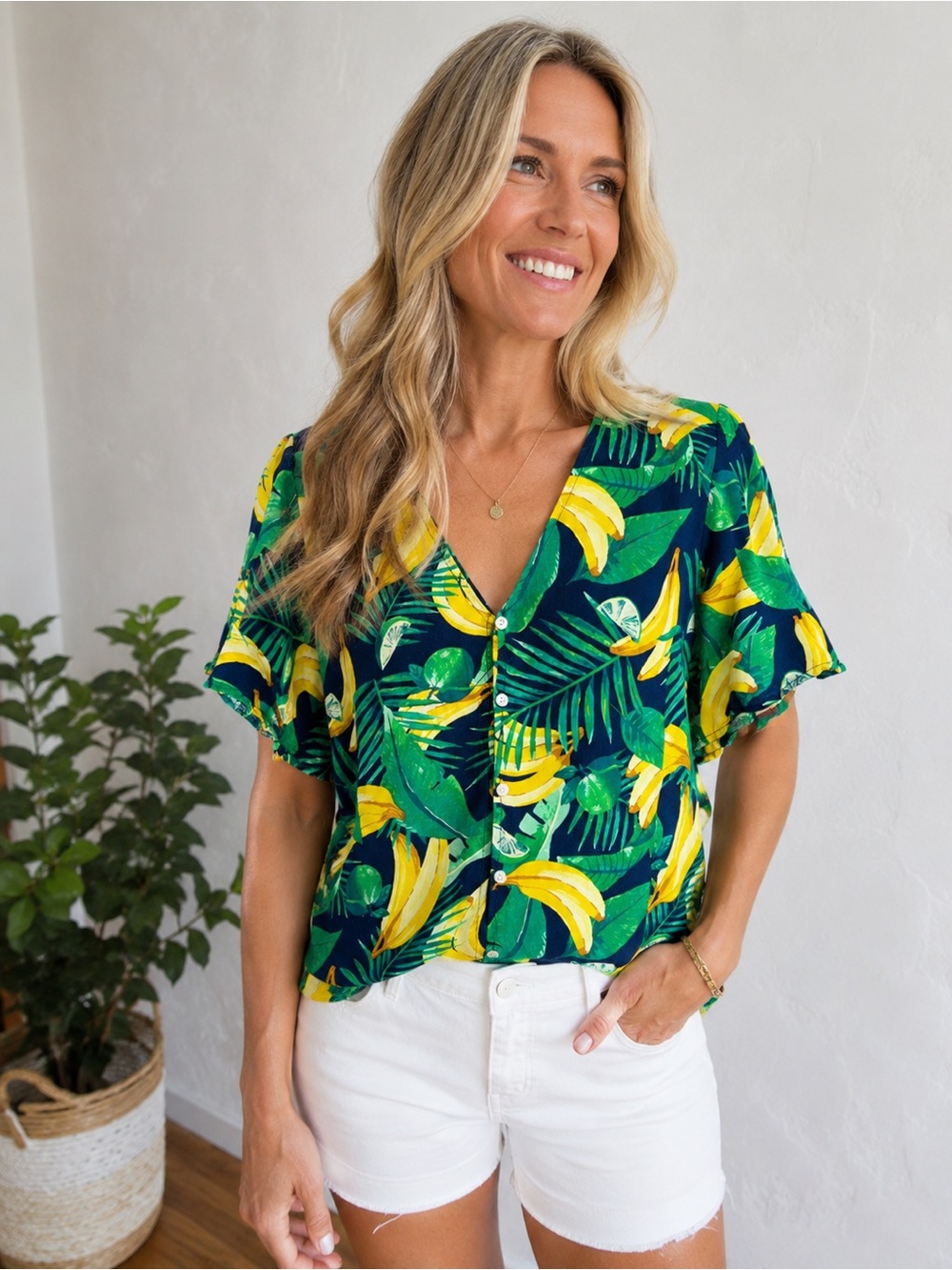 Old Navy Tropical Banana Print Button-Down Top - Green/Yellow/Blue
